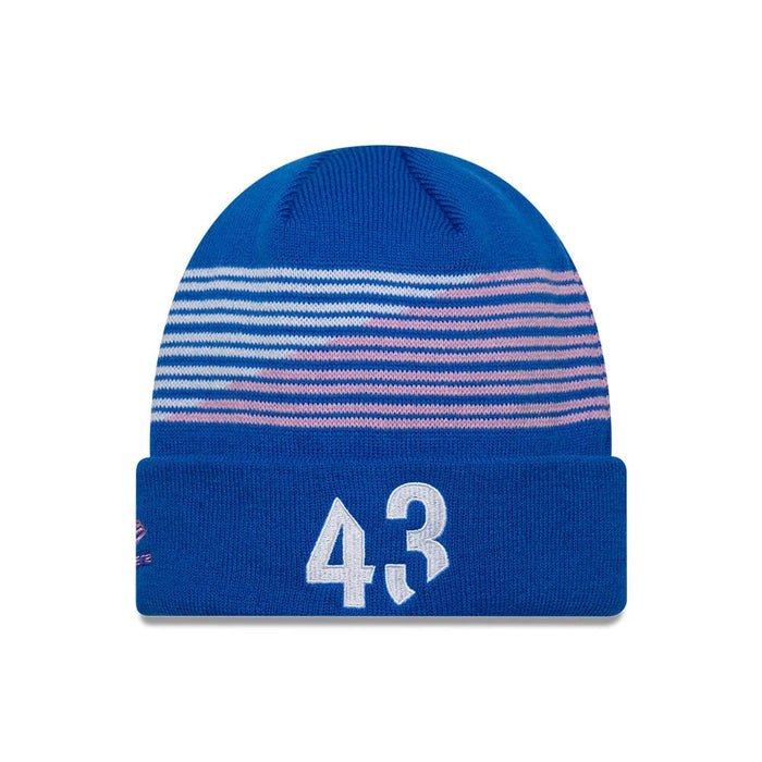 Pictured is this Alpine Racing Cuff Knit Beanie hat in blue. 2