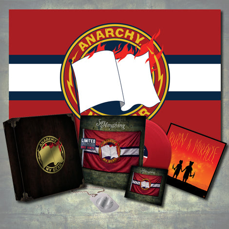Say Anything merch bundle: includes a limited edition vinyl, CD, dog tag, booklet, dark box, flag with flaming white flag and Anarchy My Dear emblem, plus striking red and black album artwork.