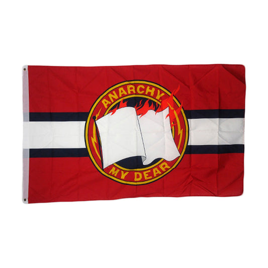 A Say Anything flag with a red background features two white flags in Anarchy-style flames at the center. "ANARCHY MY DEAR" appears in yellow around the emblem, all set over bold black and white stripes.
