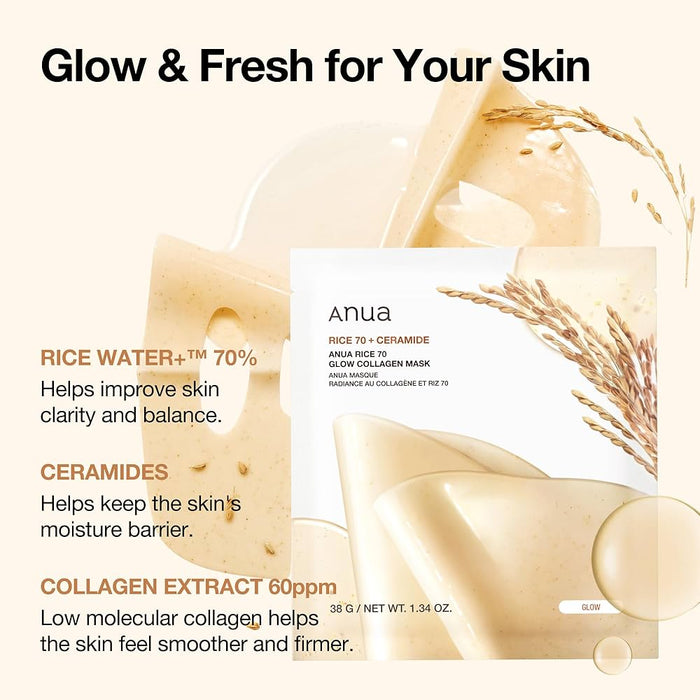 Anua Rice 70 + Ceramide Glow Collagen Mask 4pk