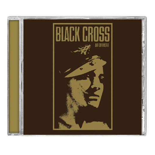 A CD case from Black Cross with a dark brown cover features bold yellow "BLACK CROSS" and "ART OFFENSIVE" text above a stylized yellow face in a hat or headband, reflecting a raw hardcore punk rock vibe.