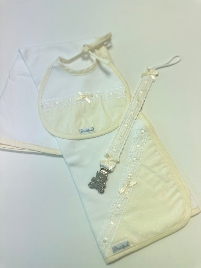 Baby Bib/Dummy Clip and Burp Cloth Cream