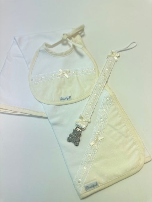 Baby Bib/Dummy Clip and Burp Cloth Cream