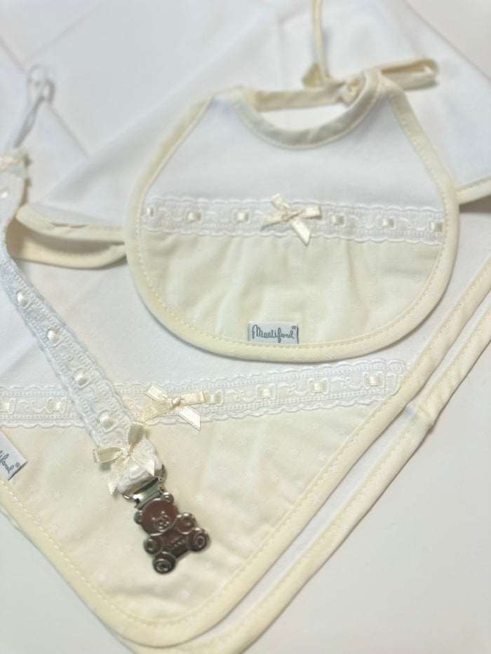 Baby Bib/Dummy Clip and Burp Cloth Cream