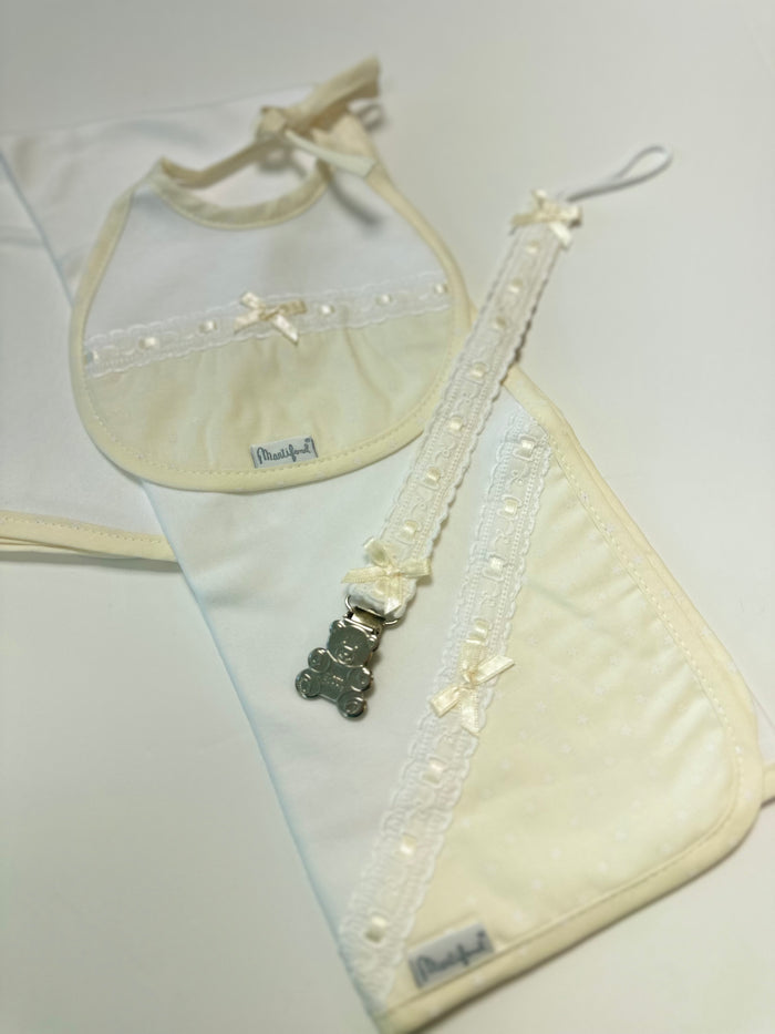 Baby Bib/Dummy Clip and Burp Cloth Cream