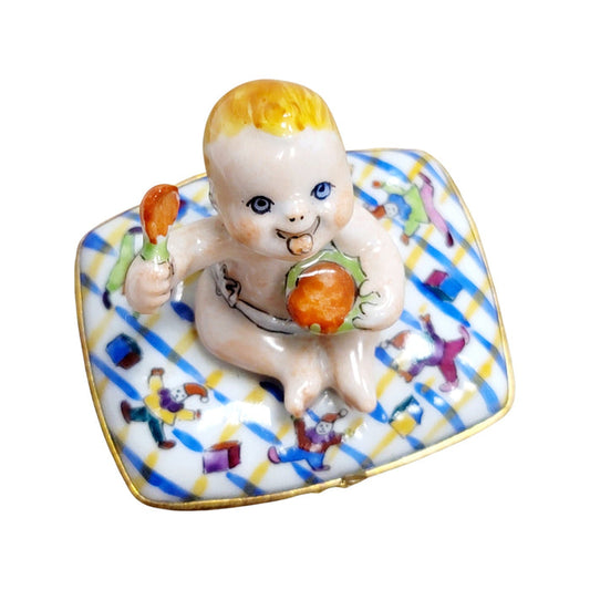 Baby Dining Delight Figurine Porcelain Limoges Babies Figurine French Trinket Box