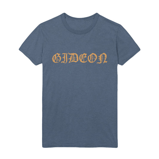 Blue Jean colored short sleeve shirt with yellow text across the chest that says GIDEON.