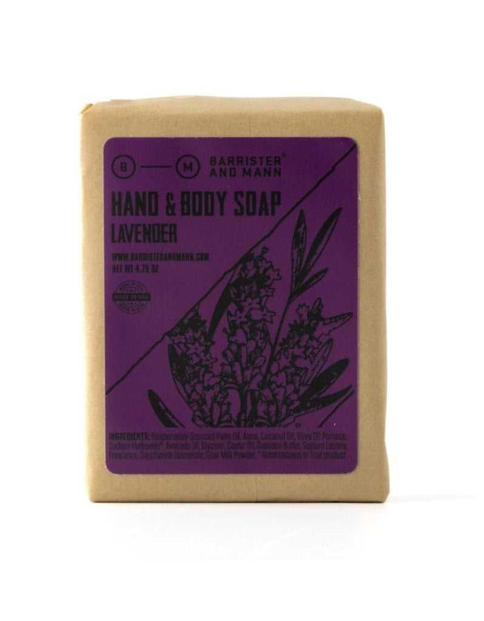 Lavender hand and body soap with purple label and floral illustration