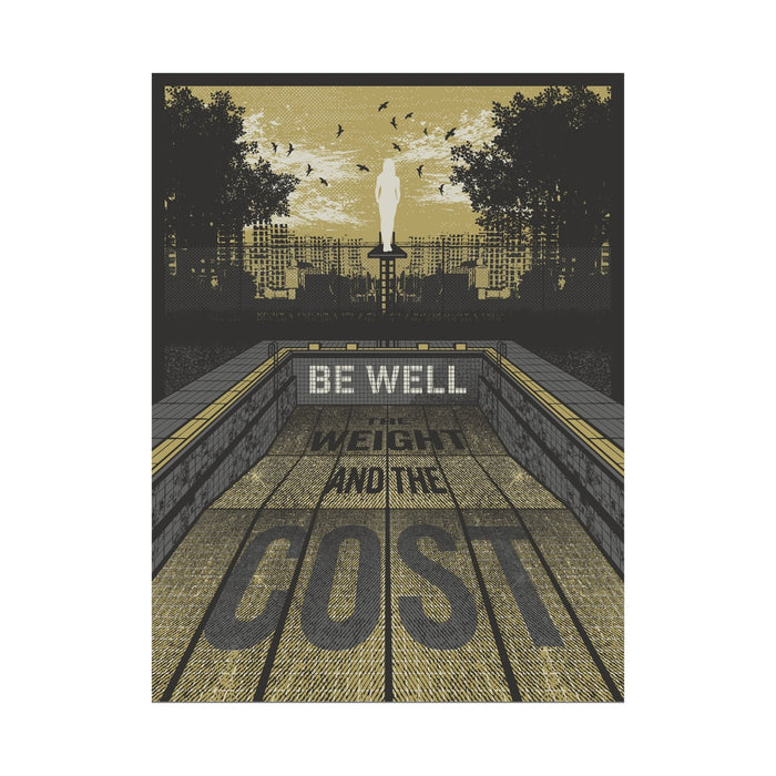 Be Well’s 18x24 stylized poster features an empty tiled pool with “Weight and the Cost” on the floor, an overhead electronic sign reading Be Well, trees, buildings, a statue in the background—perfect for screen-printed art lovers.