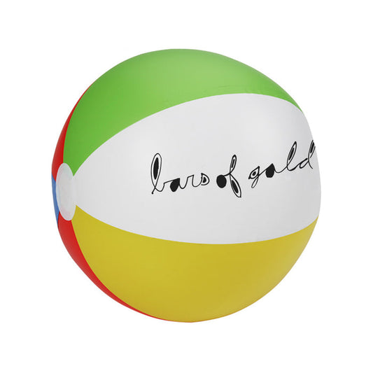 Red, blue, yellow, green, and white beach ball with "bars of gold" written in lowercase black cursive on the white side.