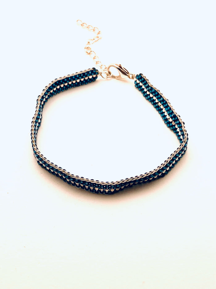 Beaded Center Stripe Bracelet, Turquoise and Silver