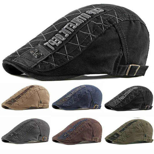 BeretBreeze™ men's vintage flat cap - black profile and six-colour overview