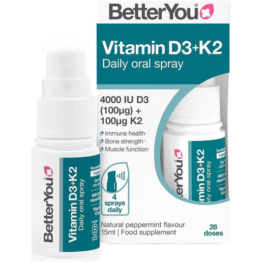 BetterYou Vitamin D3+K2 Daily Oral Spray 15ml bottle and white box on white background, labelled 4000IU D3, 100µg K2, 4 sprays daily