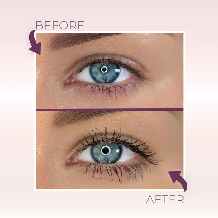 Before and after photos showing elongated tubed lashes with Blinc Amplified Volumizing Tubing Mascara.