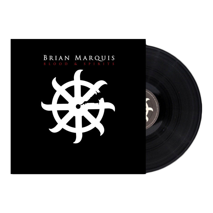 A 180-gram black vinyl record from Brian Marquis partially out of a black cover with "Blood And Spirits" above a white ship wheel and arrow design on a black background. Limited pressing.