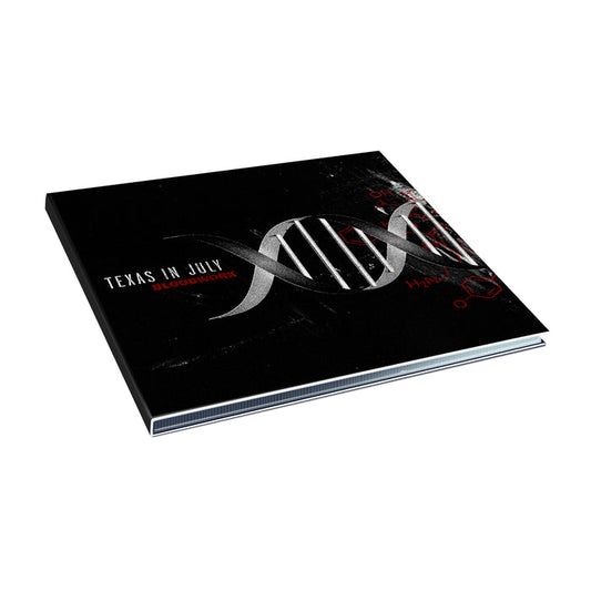 A black Texas In July book featuring a metallic DNA double helix, titled BLOODWORK in white and red, with red molecular patterns—ideal for fans of the Bloodwork CD music album.