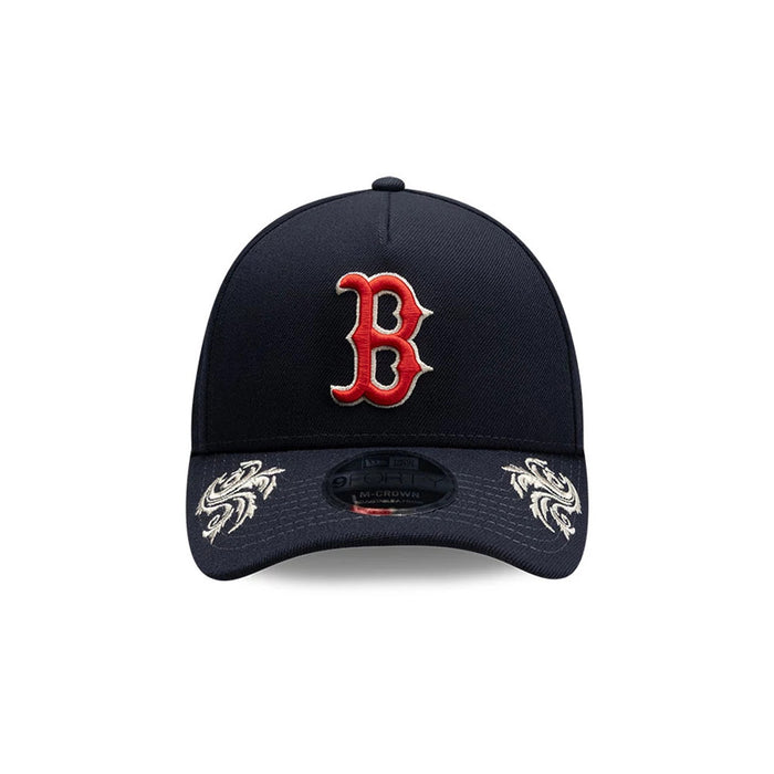 Pictured is this MLB Script Boston Red Sox 9FORTY M-Crown A-Frame Adjustable cap in navy. 3