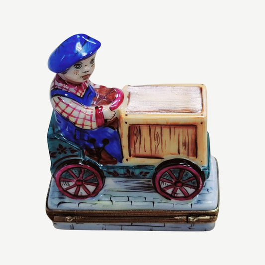 Boy on Box Cart Bike Limoges Porcelain Limoges baby vehicle French Trinket Box