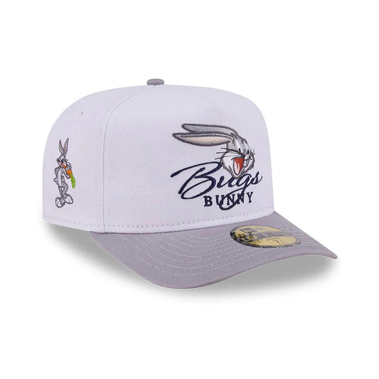 Pictured is this Looney Tunes Bugs Bunny Script 59FIFTY A-Frame Fitted cap in white & grey. 1
