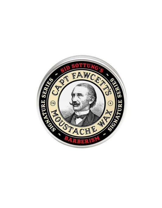 Captain Fawcett Barberism moustache wax tin with vintage logo and portrait