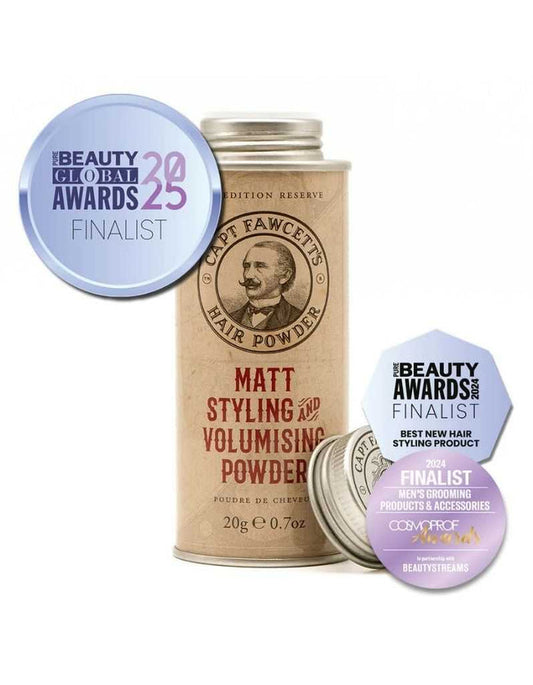 Captain Fawcett hair powder container with awards