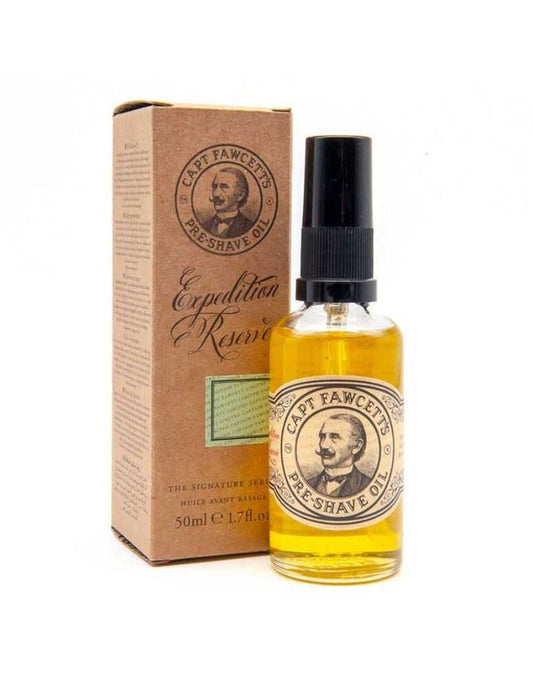 Captain Fawcett Expedition Reserve Pre-Shave Oil bottle and box in personal care category
