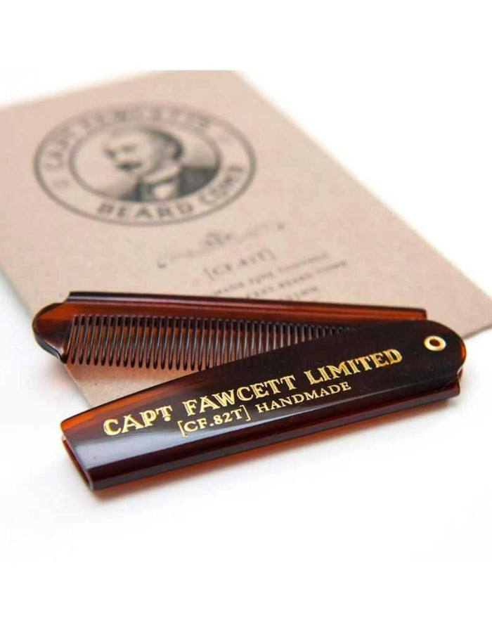Captain Fawcett folding pocket beard comb with gold lettering