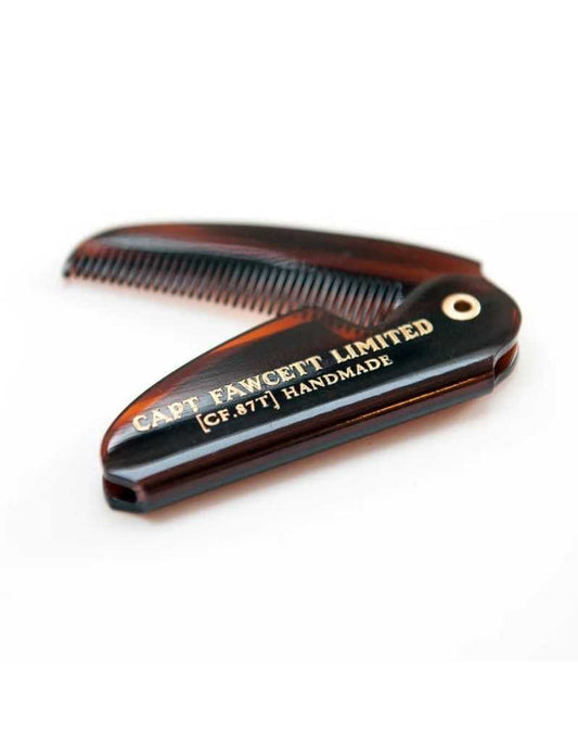 Captain Fawcett folding pocket moustache comb, 117 mm, tortoiseshell finish, fine-toothed, foldable grooming tool
