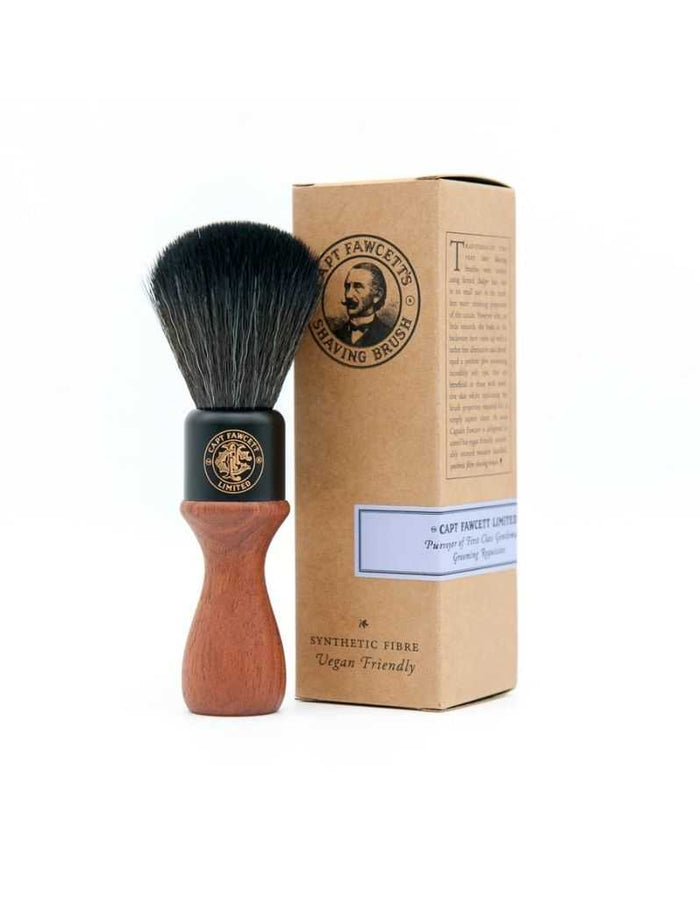 Captain Fawcett synthetic fibre shaving brush with wooden handle and black bristles