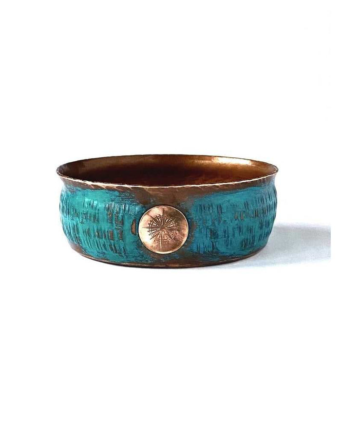 Artisan-crafted copper lather bowl with distressed aquamarine finish, copper emblem detail, ergonomic shape for shaving, made in USA