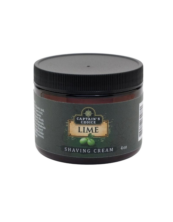 Dark green jar of Captain's Choice Lime Shaving Cream with black screw-on lid, label featuring lime illustration, 4oz size for grooming