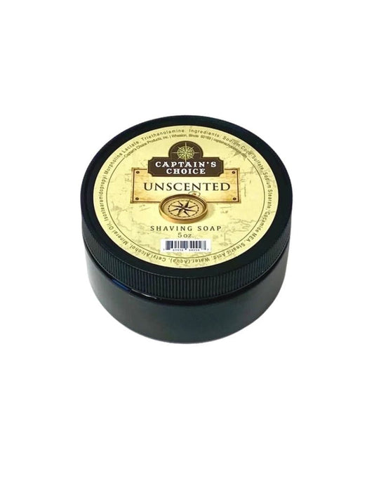 Captain's Choice Unscented Shaving Soap in a black tub with a beige label featuring a compass design, ideal for sensitive skin grooming.