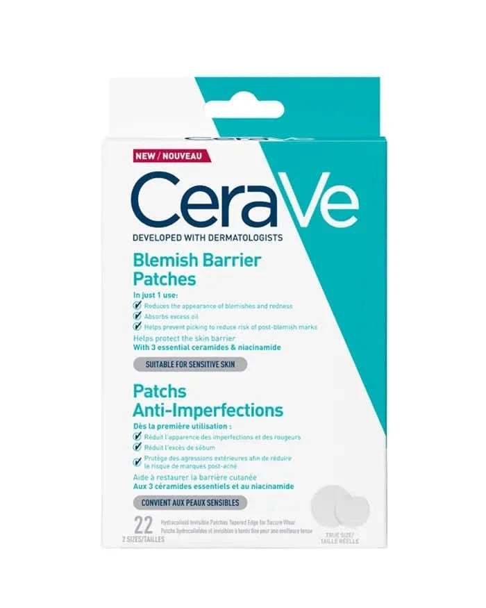 CeraVe Blemish Barrier Patches box, teal and white packaging, 22 patches in 2 sizes, suitable for sensitive skin, white background