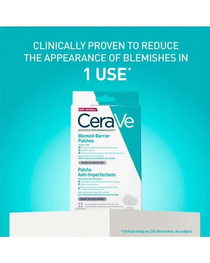 CeraVe Blemish Barrier Patches 22 pack box on teal background, text reads "Clinically Proven To Reduce The Appearance Of Blemishes In 1 Use"