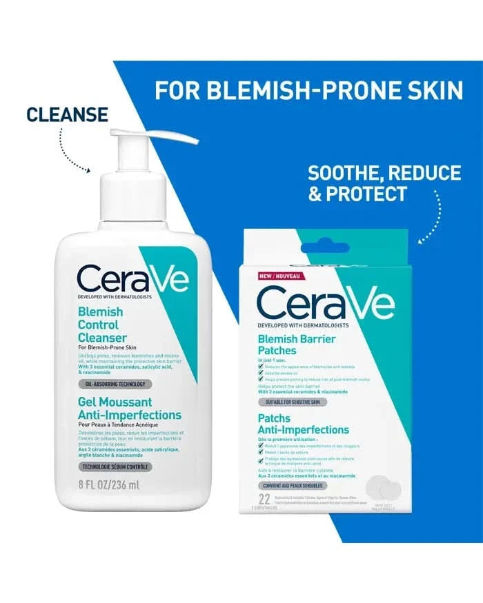 CeraVe Blemish Barrier Patches 22 Pack box beside Blemish Control Cleanser on blue and white background, text reads "For Blemish-Prone Skin"
