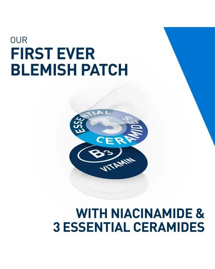 CeraVe Blemish Barrier Patches layered diagram on white background showing 3 Essential Ceramides and Vitamin B3 with Niacinamide text