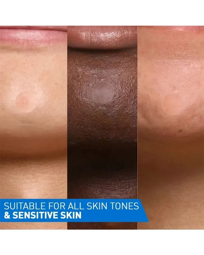 CeraVe Blemish Barrier Patches shown on three skin tones with text "Suitable for all skin tones & sensitive skin" on blue banner.