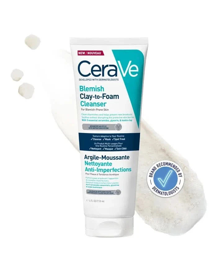 CeraVe Blemish Clay-to-Foam Cleanser 118ml tube on white background with clay texture, labelled "Brand Recommended by Dermatologists"