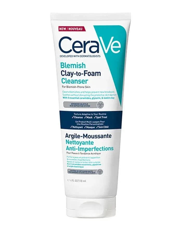 CeraVe Blemish Clay-to-Foam Cleanser 118ml tube in white and teal on white background, labelled for blemish-prone skin.