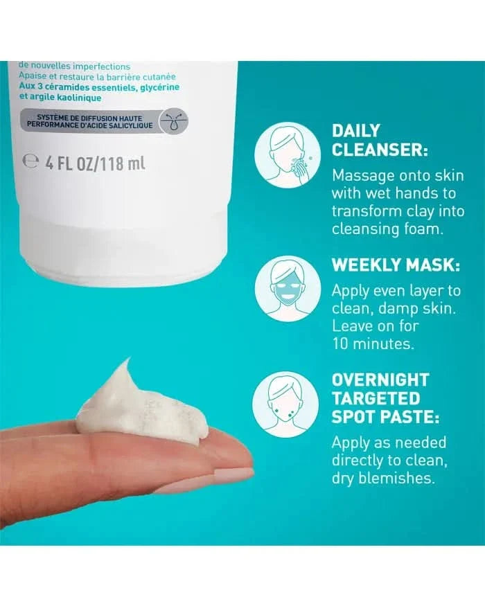 CeraVe Blemish Clay To Foam Cleanser 118ml on teal background, foam on finger, usage icons for daily cleanser, weekly mask, spot paste.