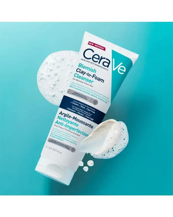 CeraVe Blemish Clay-to-Foam Cleanser 118ml tube on teal background with foam swirl, labelled "New" for blemish-prone skin.