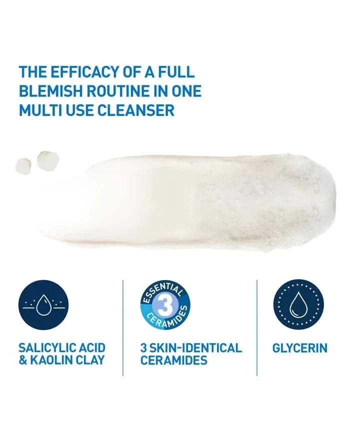 CeraVe Blemish Clay To Foam Cleanser foam swatch on white background with icons for salicylic acid, kaolin clay, ceramides, and glycerin.