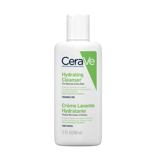 CeraVe Hydrating Cleanser 88ml white travel-size bottle with green label, "For Normal to Dry Skin, Fragrance Free" on white background.