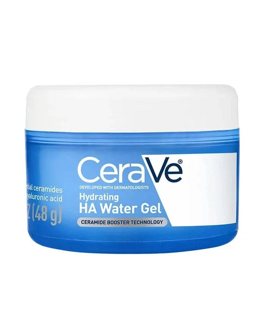 CeraVe Hydrating HA Water Gel 48g jar in blue with white lid on white background, labelled Ceramide Booster Technology.