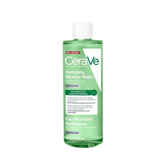CeraVe Hydrating Micellar Water 400ml green bottle with white cap, labelled 24HR Hydration, Hyaluronic Acid, on white background.
