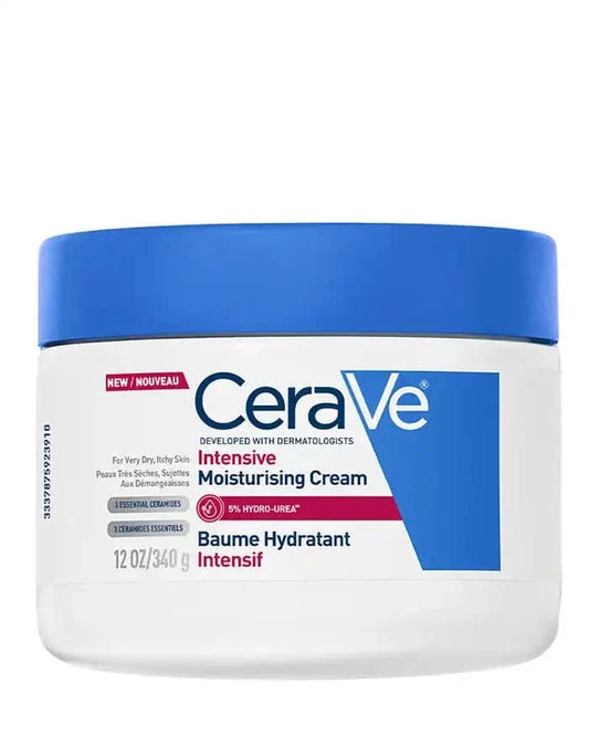 CeraVe Intensive Moisturising Cream 340g jar with blue lid, white label, on white background. Text: 5% Hydro-Urea, 3 Essential Ceramides.