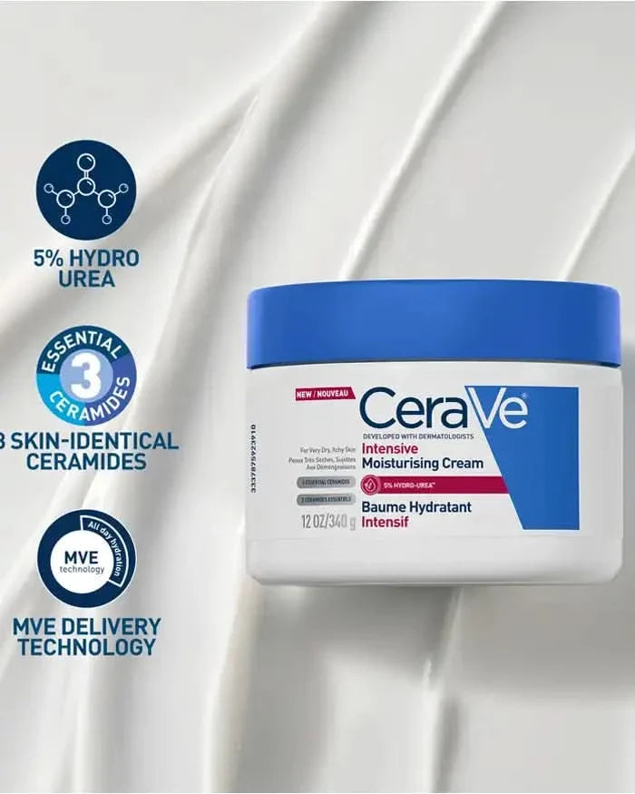 CeraVe Intensive Moisturising Cream 340g jar with blue lid on white textured background, showing 5% Hydro Urea, 3 Ceramides, MVE Technology icons.