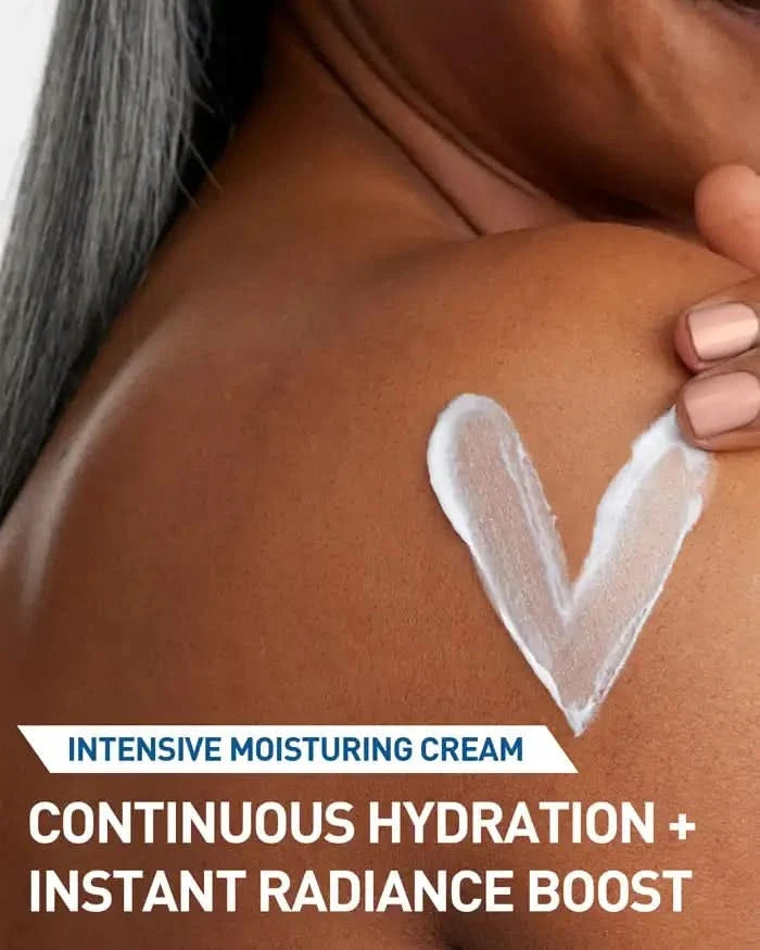CeraVe Intensive Moisturising Cream applied in a heart shape on a woman's shoulder, text reads "Continuous Hydration + Instant Radiance Boost"