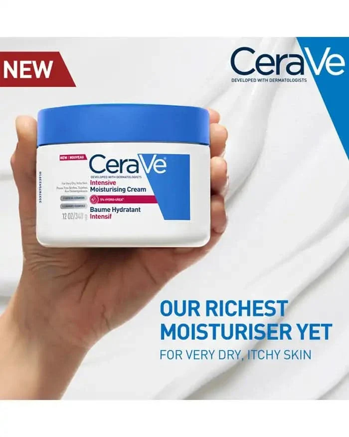 Hand holding CeraVe Intensive Moisturising Cream 340g jar with blue lid on white background, text reads "Our Richest Moisturiser Yet"