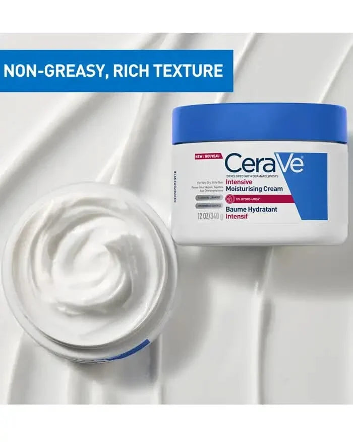 CeraVe Intensive Moisturising Cream 340g jar with open lid showing white cream texture on white background, text reads "Non-Greasy, Rich Texture"